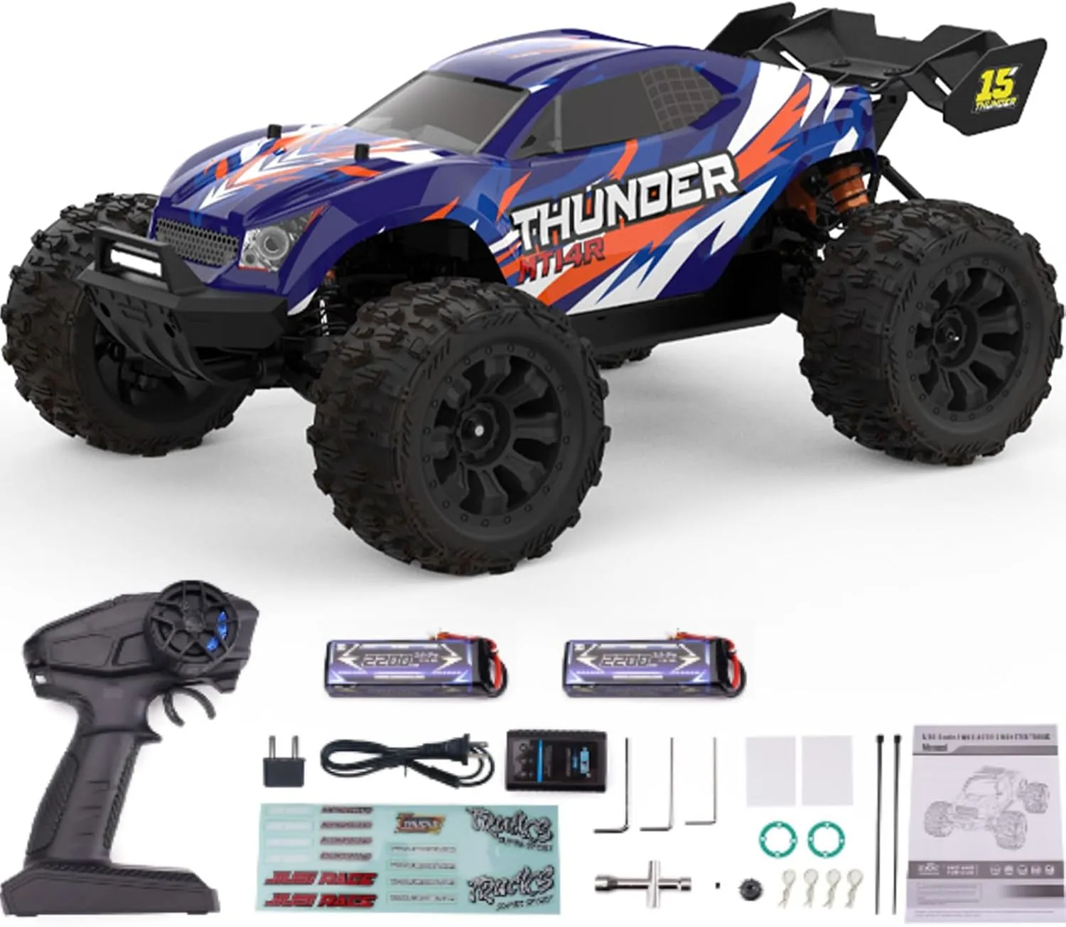 1: 14 RC Racing car,Equipped with 2 3S Rechargeable Batteries,4WD 80km/h,Brushless Motor 2.4G Remote Control,High-Speed Off-Road RC Truck (MT14R Deep Blue)