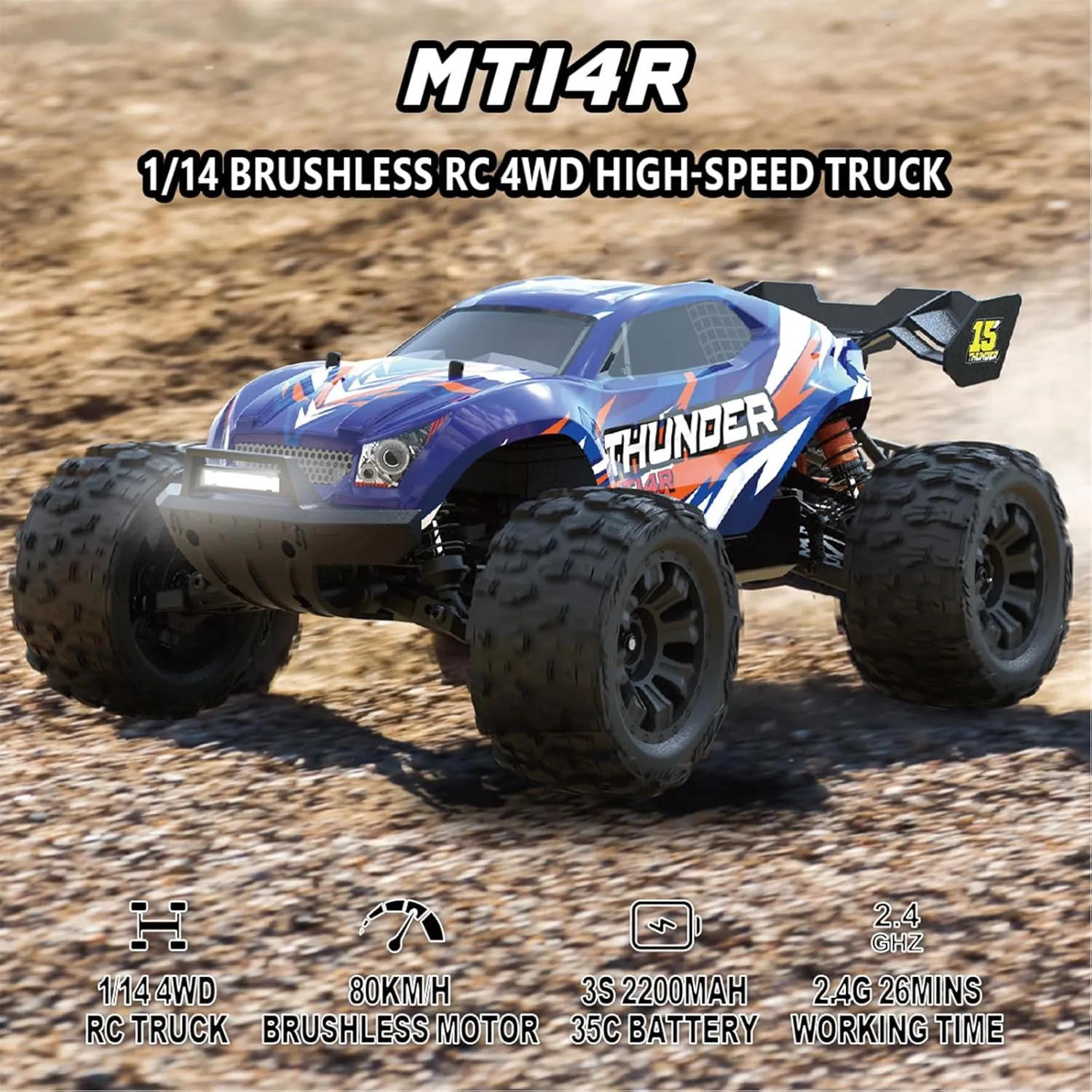 1: 14 RC Racing car,Equipped with 2 3S Rechargeable Batteries,4WD 80km/h,Brushless Motor 2.4G Remote Control,High-Speed Off-Road RC Truck (MT14R Deep Blue)