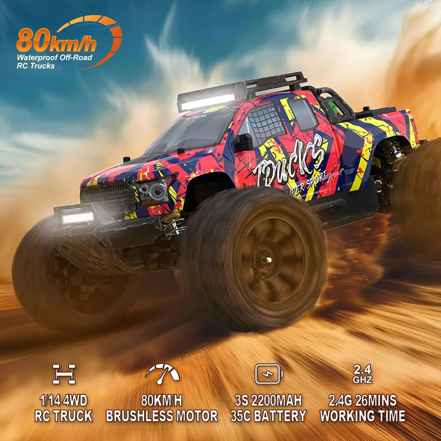 1: 14 RC Racing car,Equipped with 2 3S Rechargeable Batteries,4WD 80km/h,Brushless Motor 2.4G Remote Control,High-Speed Off-Road RC Truck (PT14R Red)