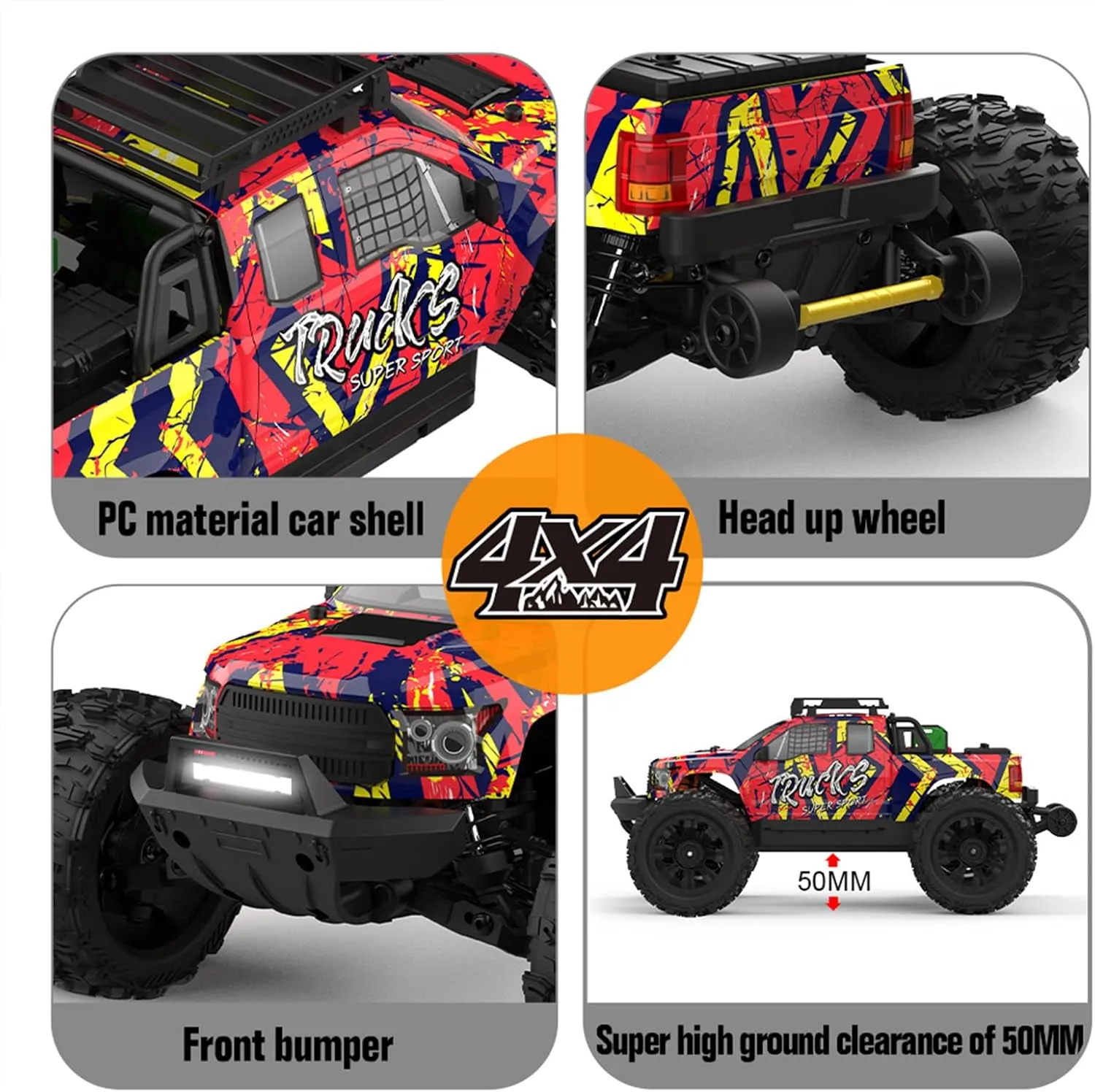 1: 14 RC Racing car,Equipped with 2 3S Rechargeable Batteries,4WD 80km/h,Brushless Motor 2.4G Remote Control,High-Speed Off-Road RC Truck (PT14R Red)