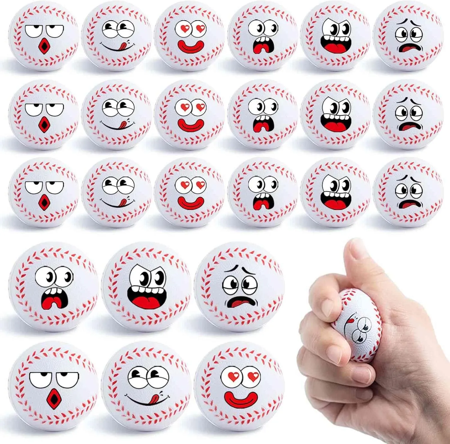 24 Pack Baseball Stress Balls with 6 Funny Faces - 1.57 Inch Mini Squishy Baseball Party Favors, Goodie Bag Stuffers, Classroom Treasure Box Prizes, Teen Anxiety Relief Toys & Kids Birthday Gifts