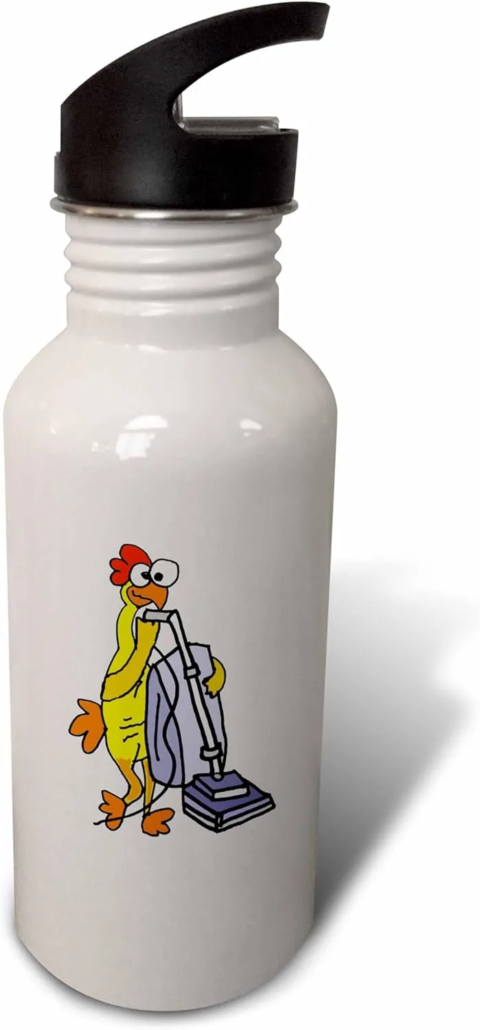 3dRose Cute funny Rubber Chicken Using Vacuum Cleaner Cartoon - Water Bottles (wb-382628-2)