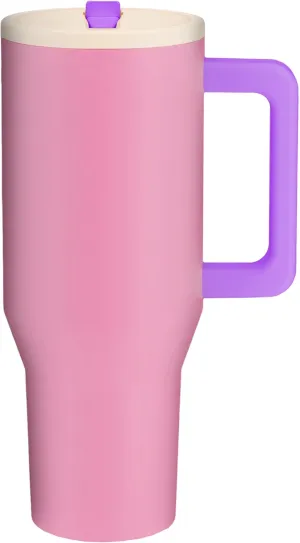 40 Oz Stainless Steel, Insulated Tumbler with Handle, Flip Straw, Rubber non-slip Base, Leak Proof, Car Cup Holder Friendly, Extra Straw and Cleaner. (Pink Sugar)