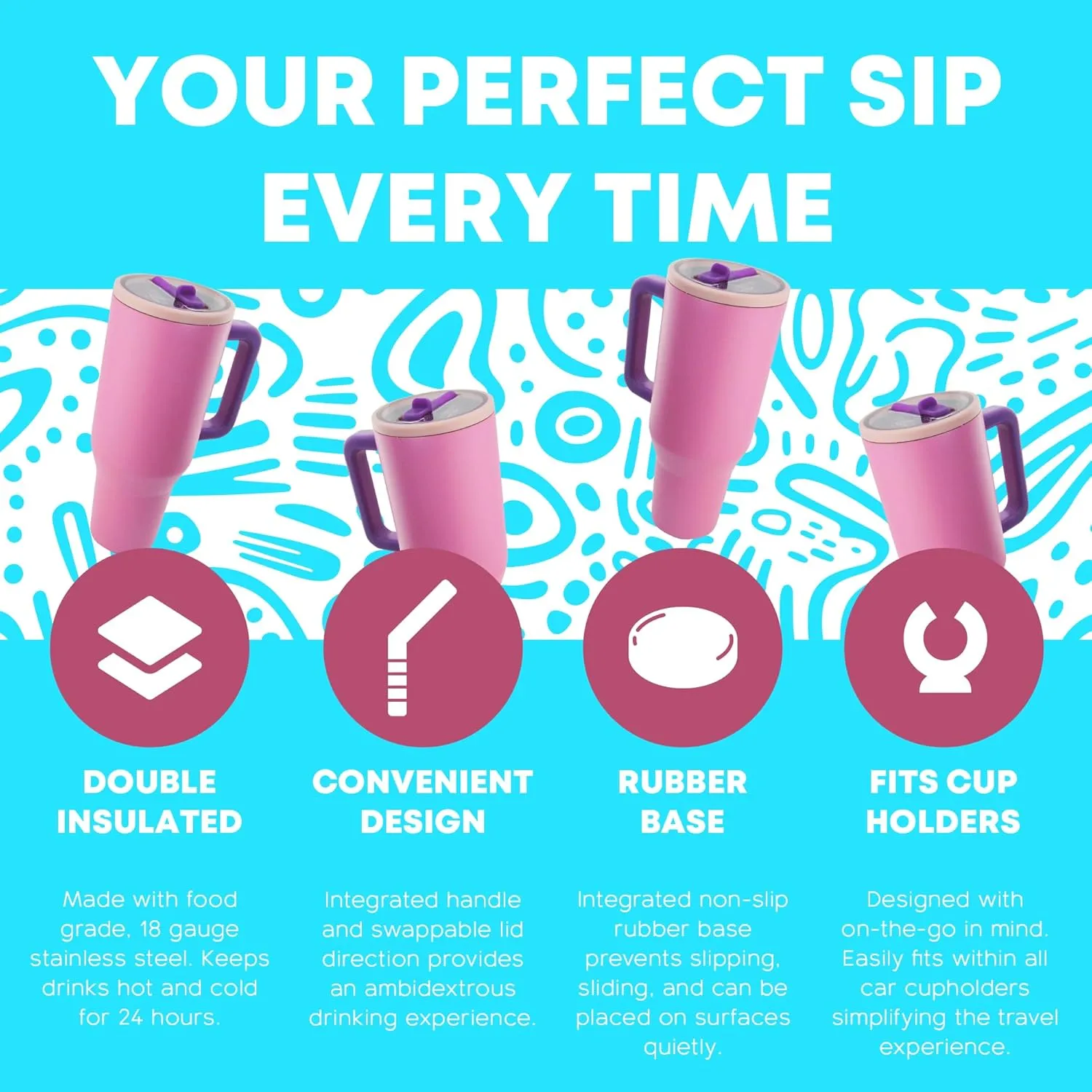40 Oz Stainless Steel, Insulated Tumbler with Handle, Flip Straw, Rubber non-slip Base, Leak Proof, Car Cup Holder Friendly, Extra Straw and Cleaner. (Pink Sugar)