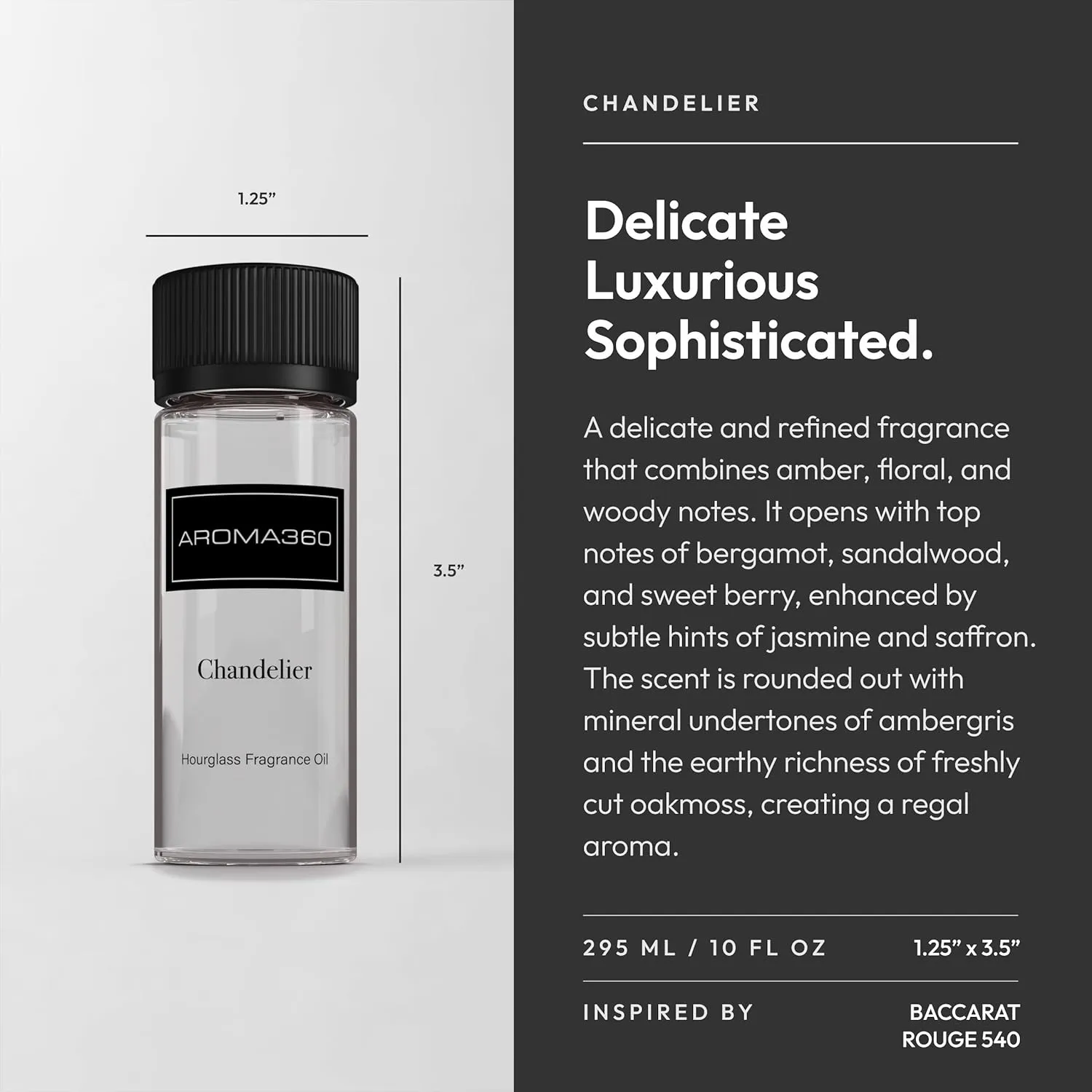 Aroma360 Hourglass Diffuser Oil - Aromatherapy Fragrance Oil for Office & Bedroom Scents - Scent Diffuser Inspired by Baccarat Rouge 540 - Bergamot, Sweet Berry & Oakmoss - Chandelier, 50mL/1.7 fl oz
