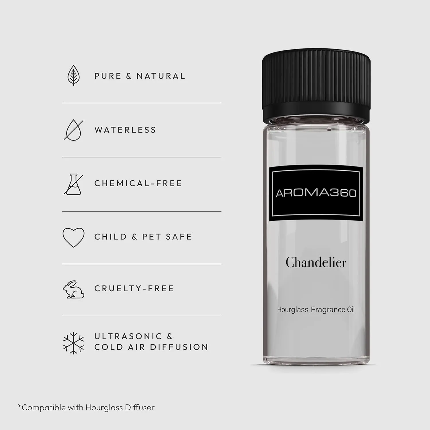 Aroma360 Hourglass Diffuser Oil - Aromatherapy Fragrance Oil for Office & Bedroom Scents - Scent Diffuser Inspired by Baccarat Rouge 540 - Bergamot, Sweet Berry & Oakmoss - Chandelier, 50mL/1.7 fl oz