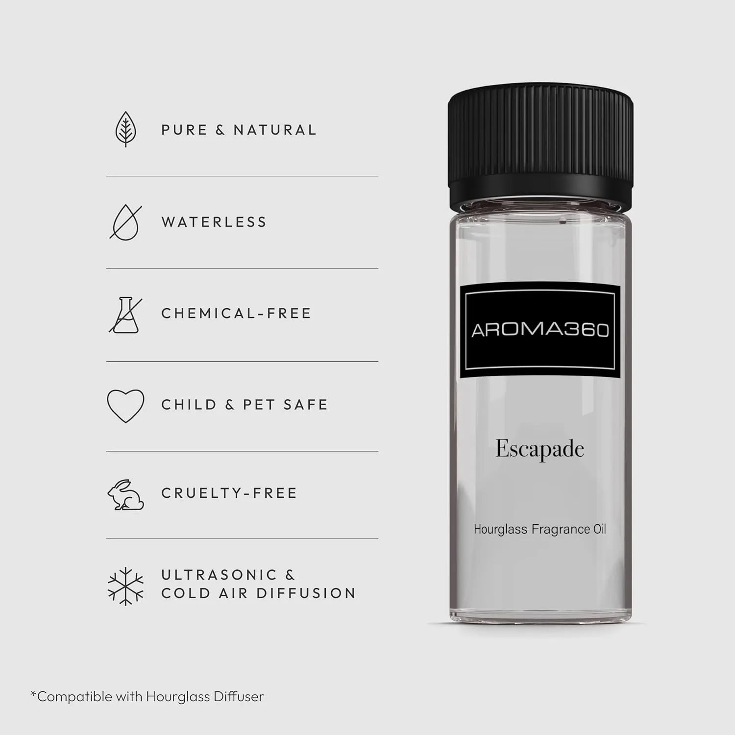 Aroma360 Hourglass Diffuser Oil - Aromatherapy Fragrance Oil for Office & Bedroom Scents - Scent Diffuser Inspired by The Ritz Carlton - Ocean, Amber & Jasmine - Escapade, 1.7 fl oz
