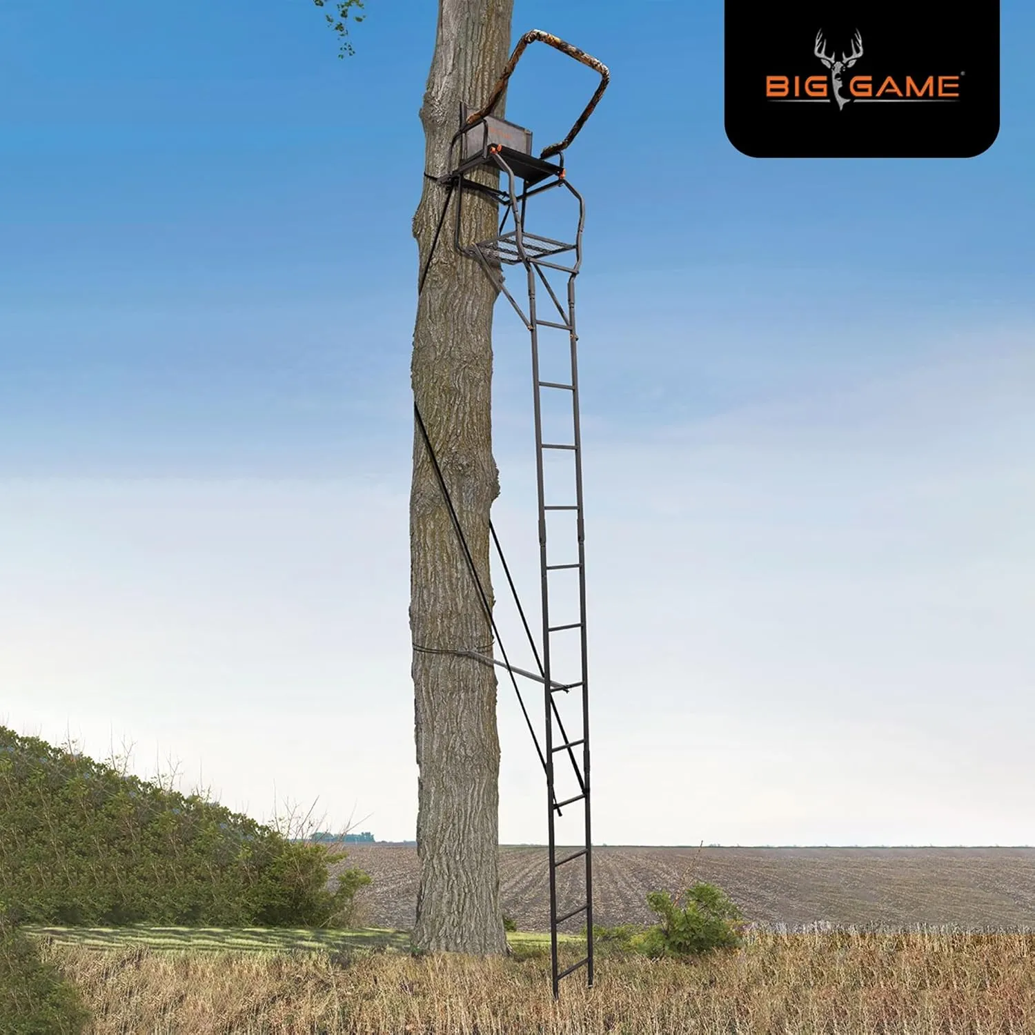 Big Game Striker XL Ladder Treestand 17.5 Foot Tall with Flip Back Seat, Padded Armrests, Deep Foot Platform, Ideal for Hunting and Shooting, Black