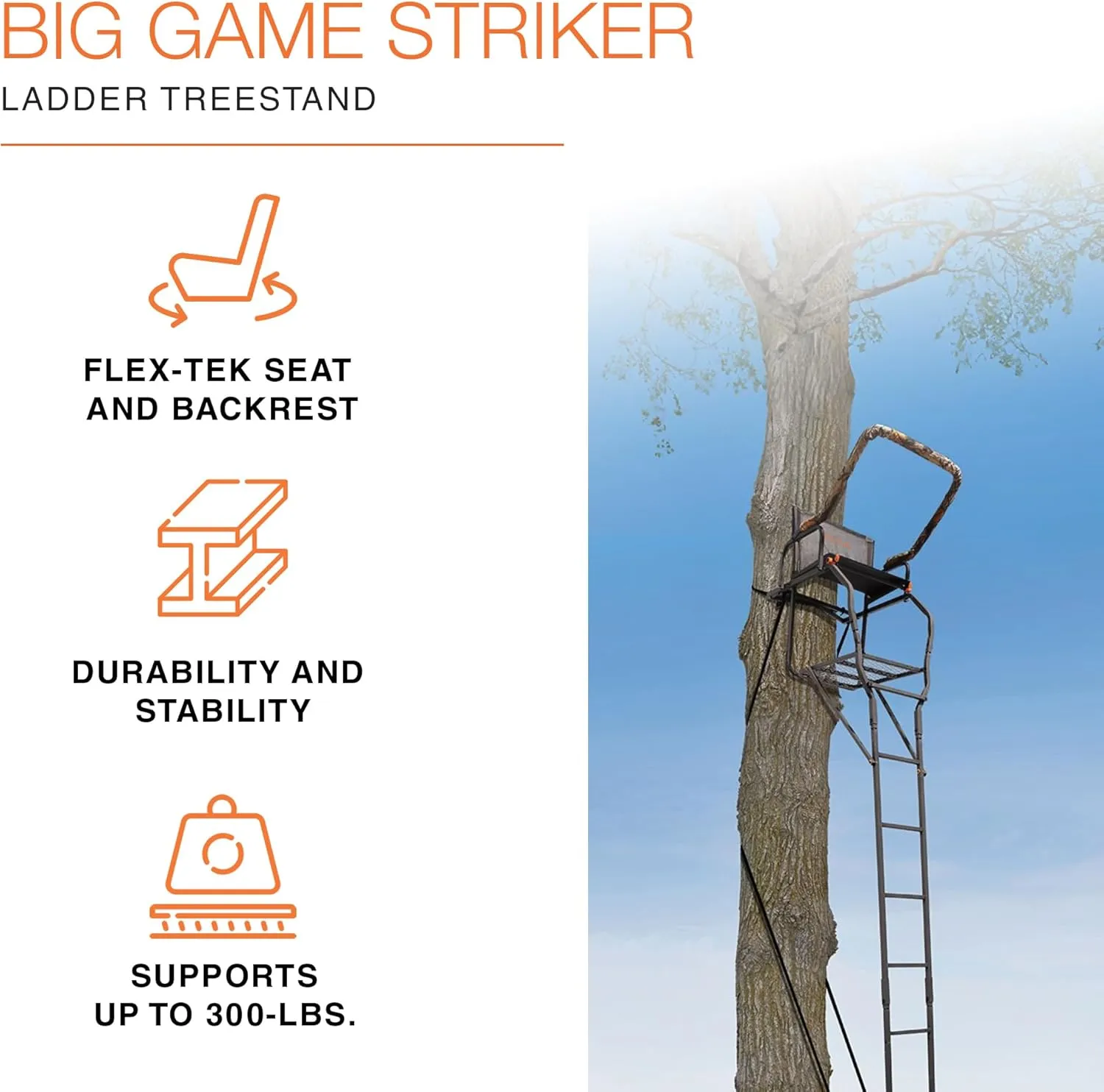 Big Game Striker XL Ladder Treestand 17.5 Foot Tall with Flip Back Seat, Padded Armrests, Deep Foot Platform, Ideal for Hunting and Shooting, Black