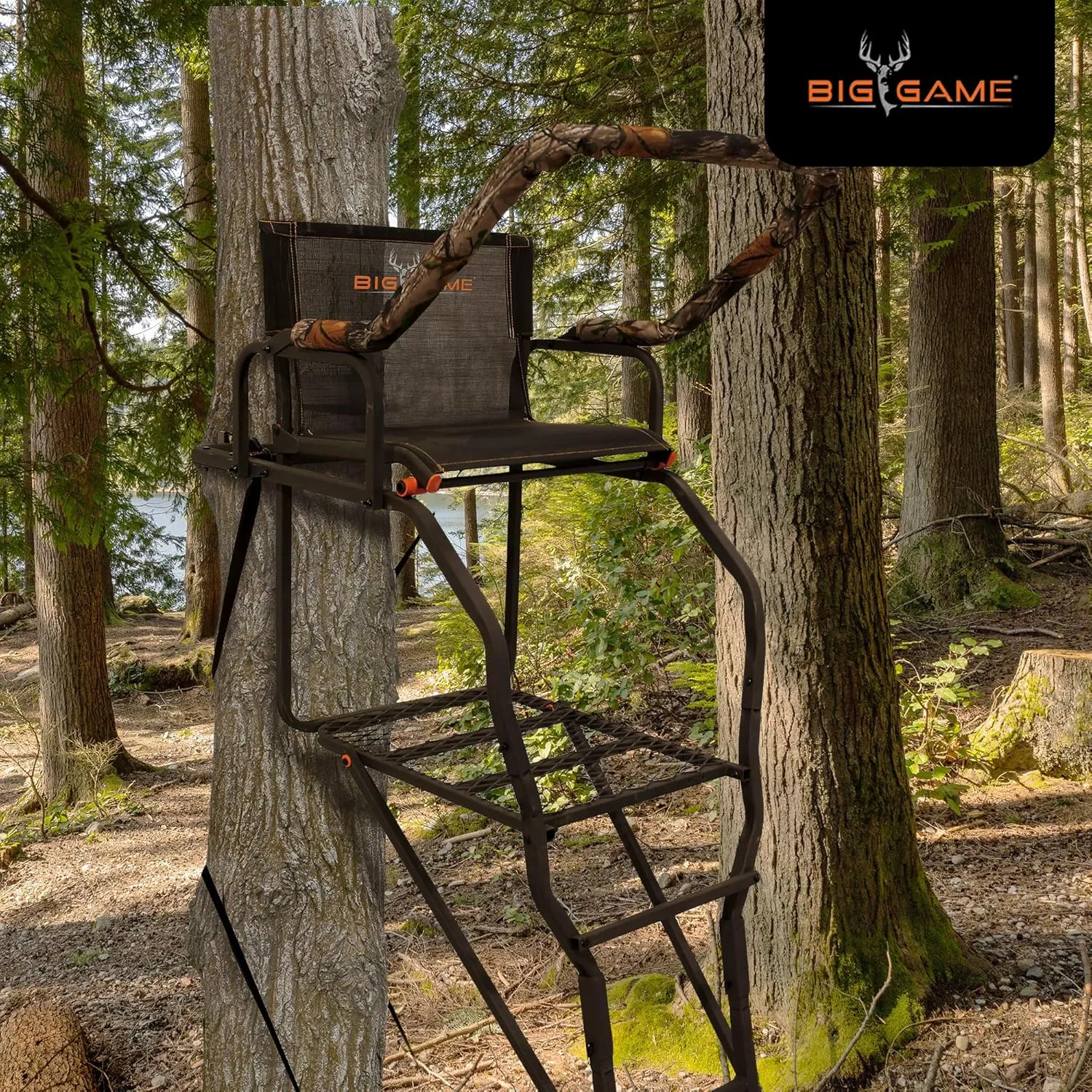 Big Game Striker XL Ladder Treestand 17.5 Foot Tall with Flip Back Seat, Padded Armrests, Deep Foot Platform, Ideal for Hunting and Shooting, Black