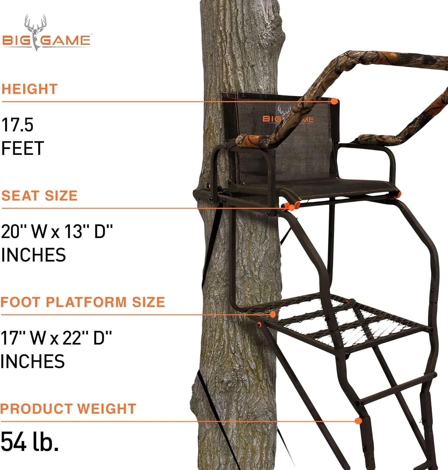 Big Game Striker XL Ladder Treestand 17.5 Foot Tall with Flip Back Seat, Padded Armrests, Deep Foot Platform, Ideal for Hunting and Shooting, Black