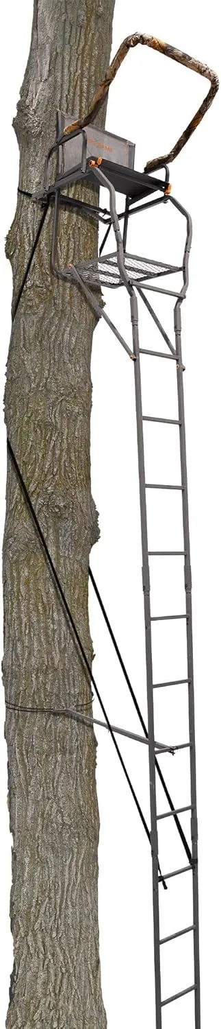 Big Game Striker XL Ladder Treestand 17.5 Foot Tall with Flip Back Seat, Padded Armrests, Deep Foot Platform, Ideal for Hunting and Shooting, Black
