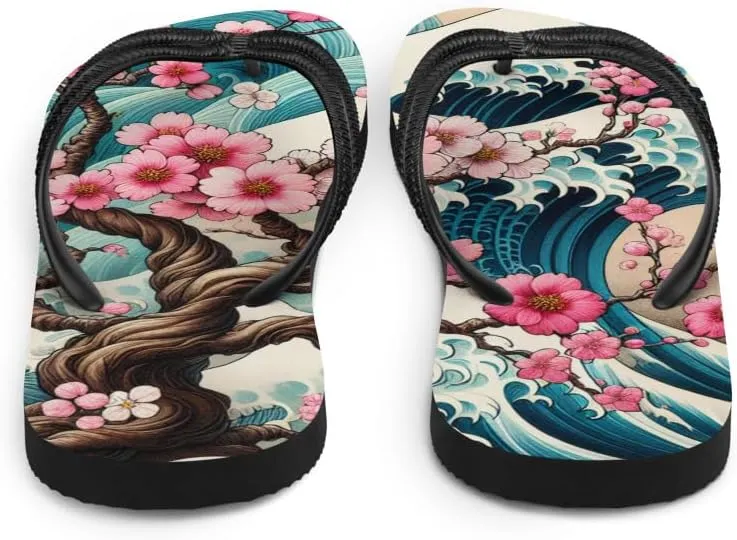 Cherry Blossom Great Wave Flip-Flops, Japanese Art Beach Sandals, Aesthetic Summer Pool Slides, Comfortable Footwear