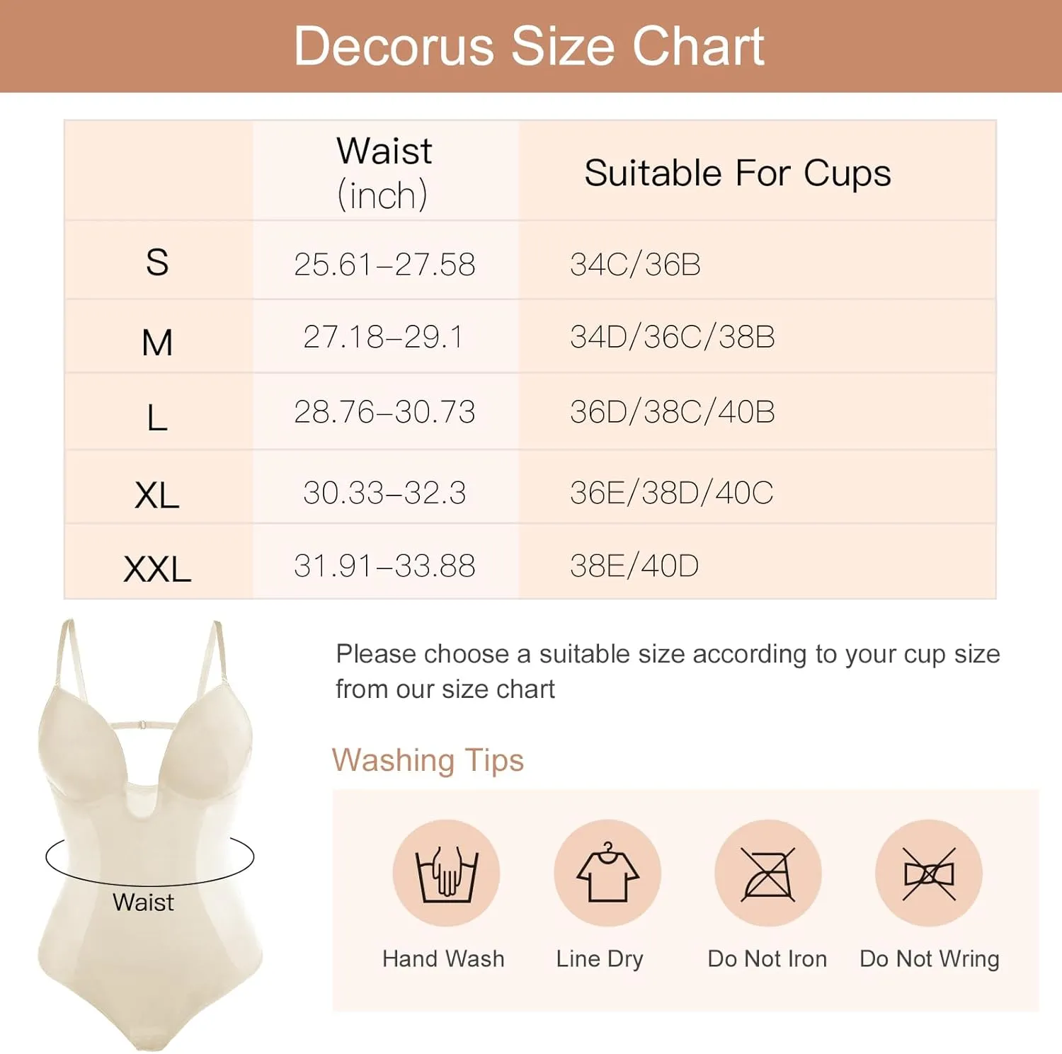 Decorus Women's Low Back Shapewear Tummy Control Deep V Neck Backless Body Shaper Plunge Thong Bridal Bodysuit Built in Bra