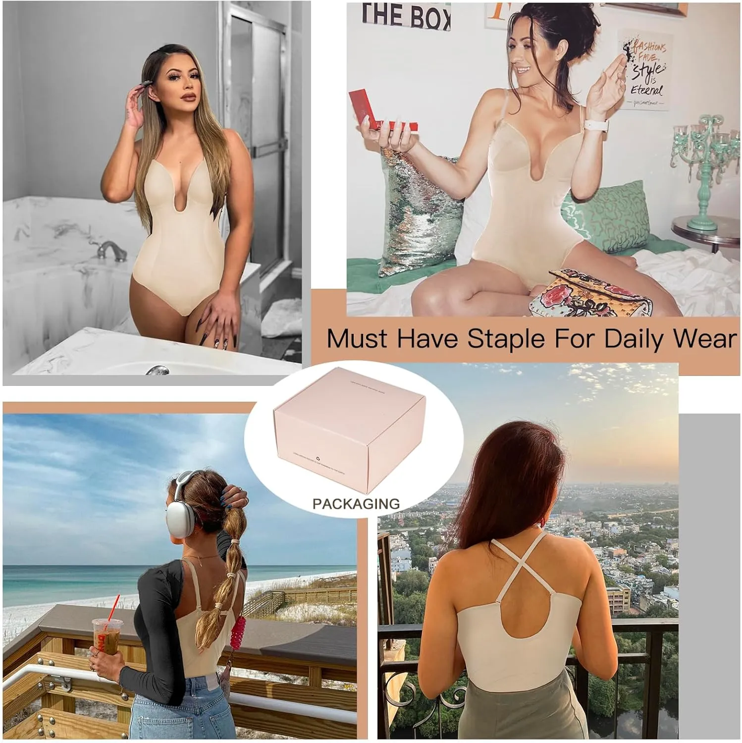 Decorus Women's Low Back Shapewear Tummy Control Deep V Neck Backless Body Shaper Plunge Thong Bridal Bodysuit Built in Bra