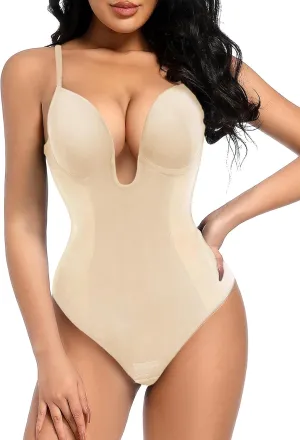 Decorus Women's Low Back Shapewear Tummy Control Deep V Neck Backless Body Shaper Plunge Thong Bridal Bodysuit Built in Bra