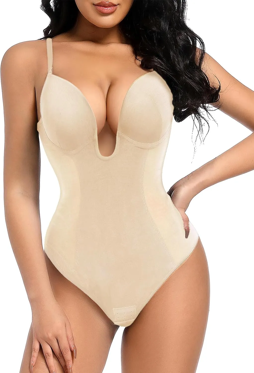 Decorus Women's Low Back Shapewear Tummy Control Deep V Neck Backless Body Shaper Plunge Thong Bridal Bodysuit Built in Bra