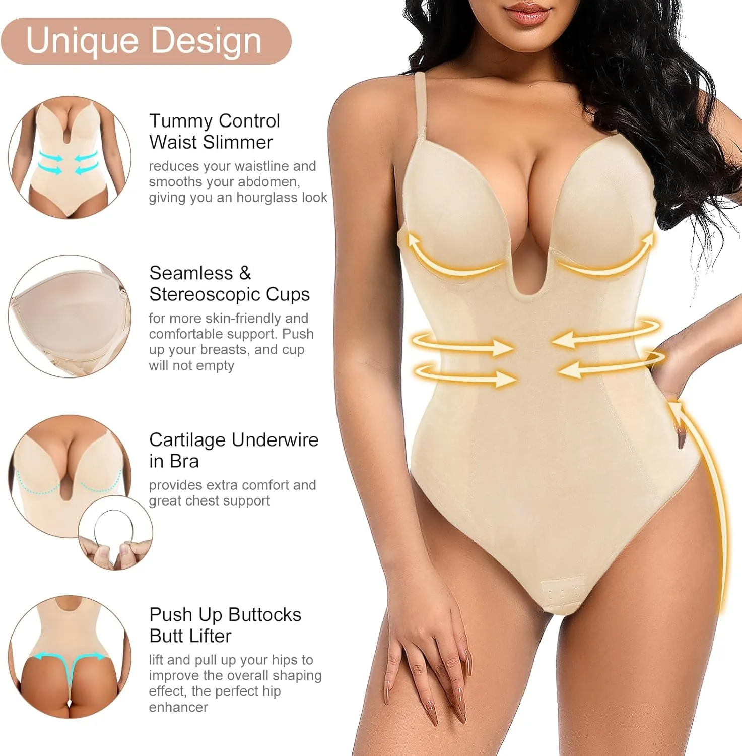Decorus Women's Low Back Shapewear Tummy Control Deep V Neck Backless Body Shaper Plunge Thong Bridal Bodysuit Built in Bra