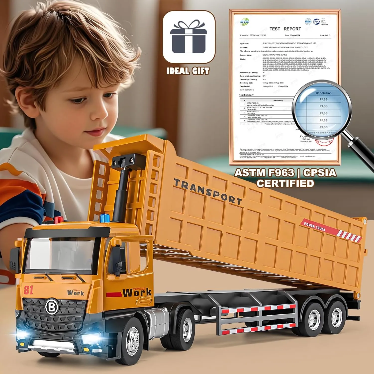 Dump Truck Toy for 3 4 5 6 7 Years Old Boys, Large Semi Truck with Metal Cab, Lights and Sounds, Friction Powered Tractor Trailer Car, Kids Birthday Gifts for Over 3 Years Old Boys Kids 16.5"