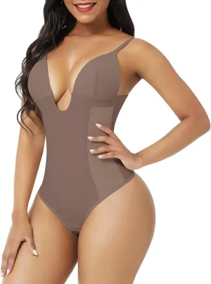 FeelinGirl Thong Shapewear Bodysuit for Women Tummy Control Body Shaper U Plunge Shapewear Waist Trainer Corset