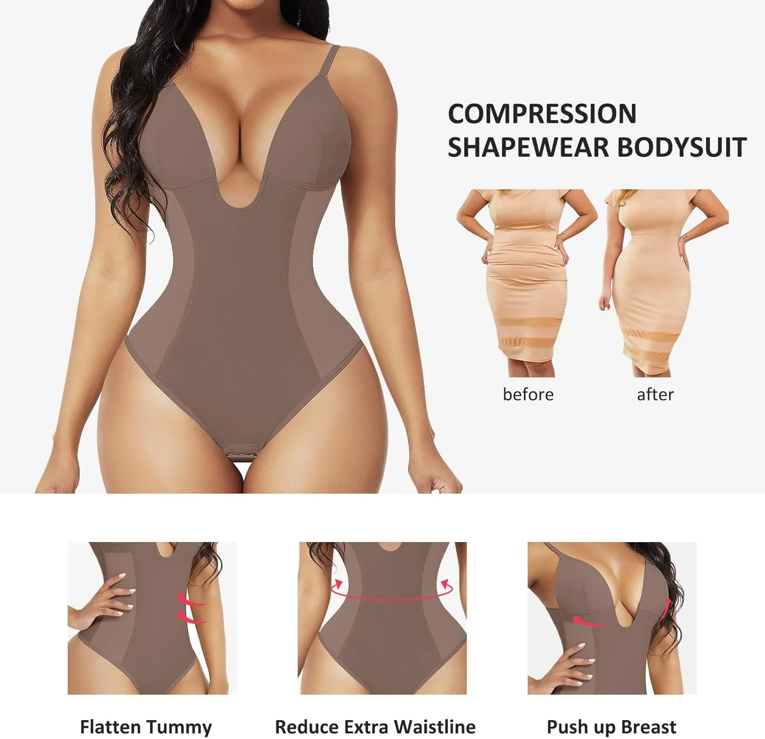 FeelinGirl Thong Shapewear Bodysuit for Women Tummy Control Body Shaper U Plunge Shapewear Waist Trainer Corset