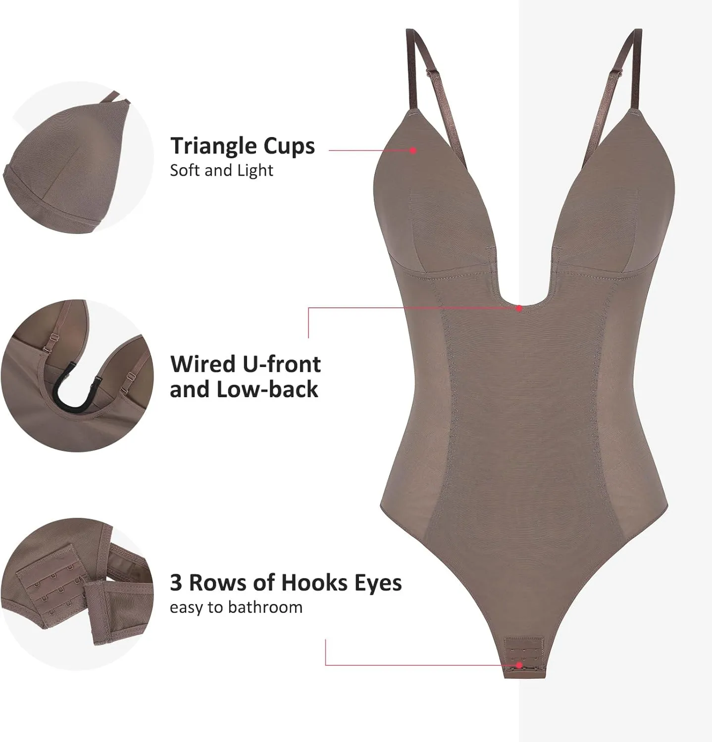 FeelinGirl Thong Shapewear Bodysuit for Women Tummy Control Body Shaper U Plunge Shapewear Waist Trainer Corset