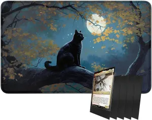 for MTG Card Playmat and 100 Count Card Sleeves Set, TCG Playmat Desk Mats 24 X 14 Inch, Stitched Playmat for Commander Board RPG CCG Game Magic The Gathering, Play Mat, Cat Moon