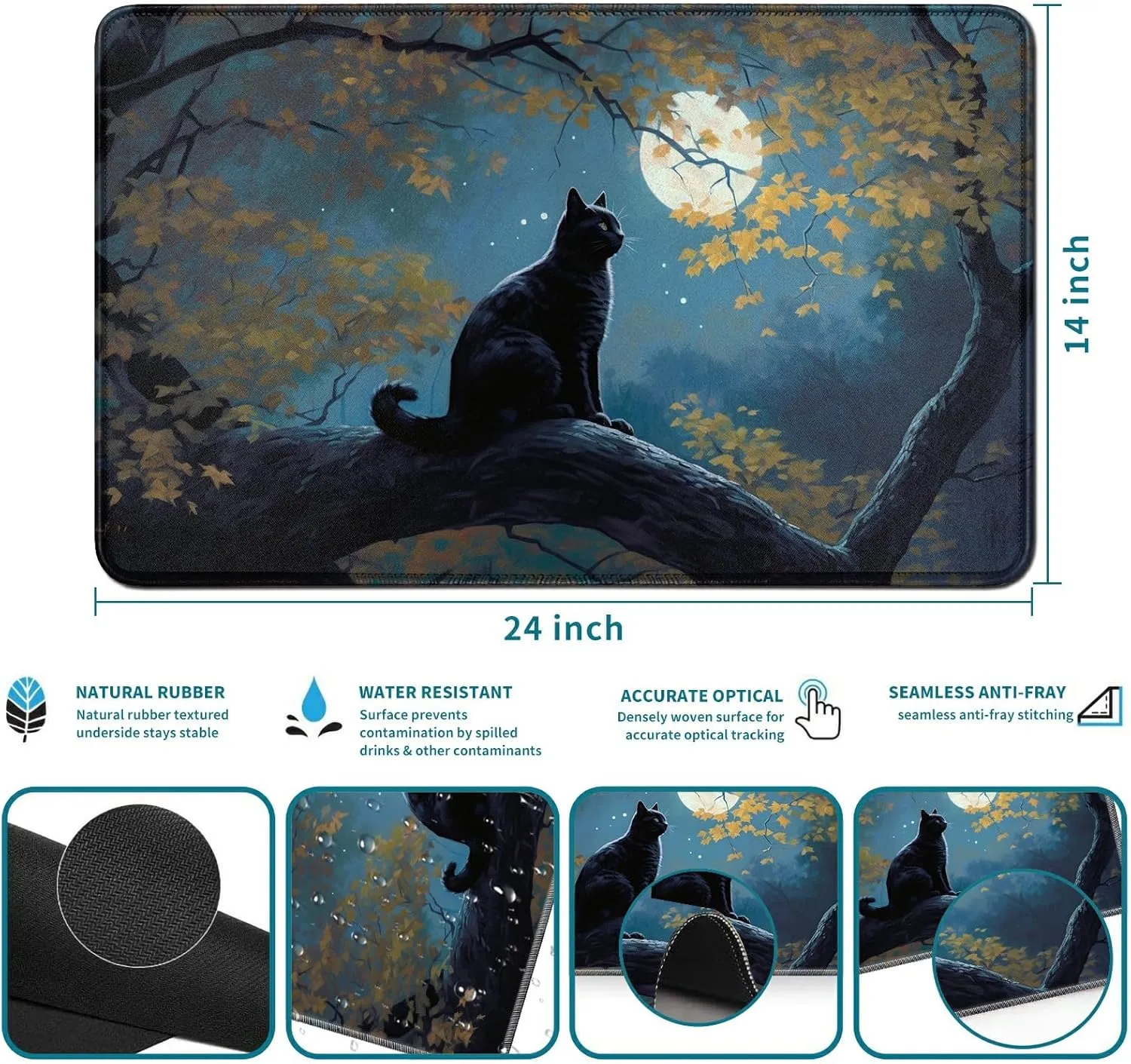 for MTG Card Playmat and 100 Count Card Sleeves Set, TCG Playmat Desk Mats 24 X 14 Inch, Stitched Playmat for Commander Board RPG CCG Game Magic The Gathering, Play Mat, Cat Moon