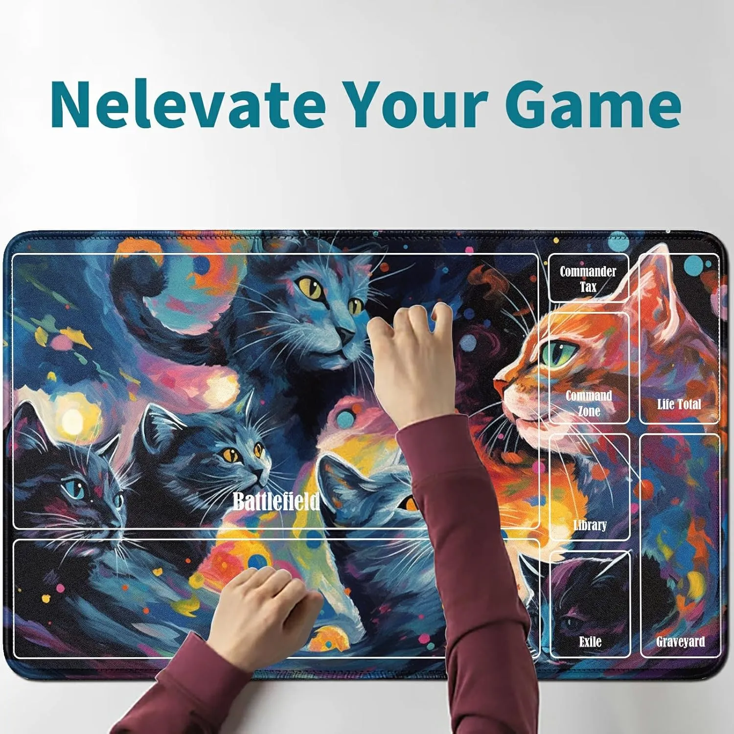 for MTG Card Playmat TCG Playmat Desk Mats 24 X 14 Inch, Stitched Playmat for Commander Board RPG CCG Game Magic The Gathering, Play Mat for Card Game Playing Accessories, Cats