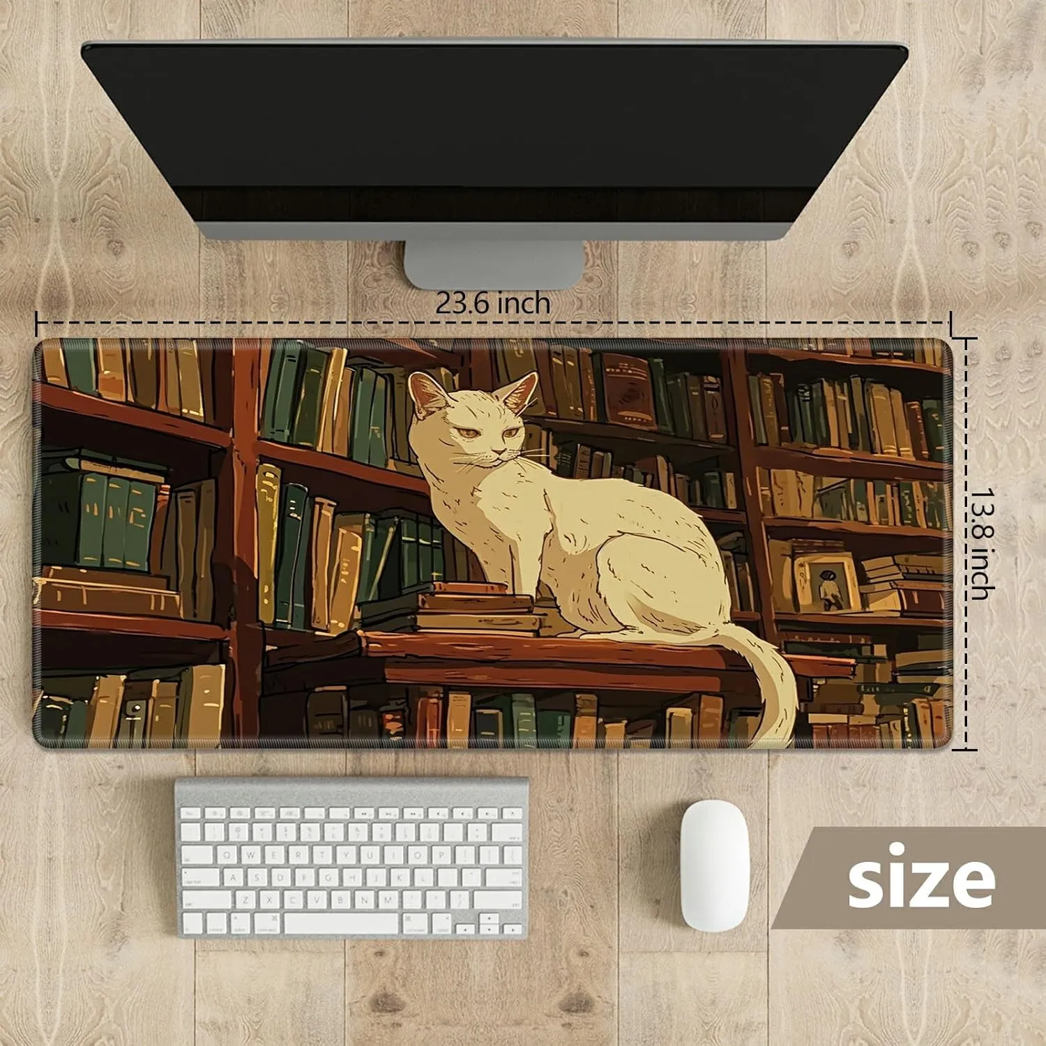 for MTG Playmats with Storage Bag, TCG Playmat MTG Game Mat with Stitched Edges, 24" x 14" Commander Board Battle Game Card Playmat, Smooth Surface Desk Mat for Card Games, Library Cat