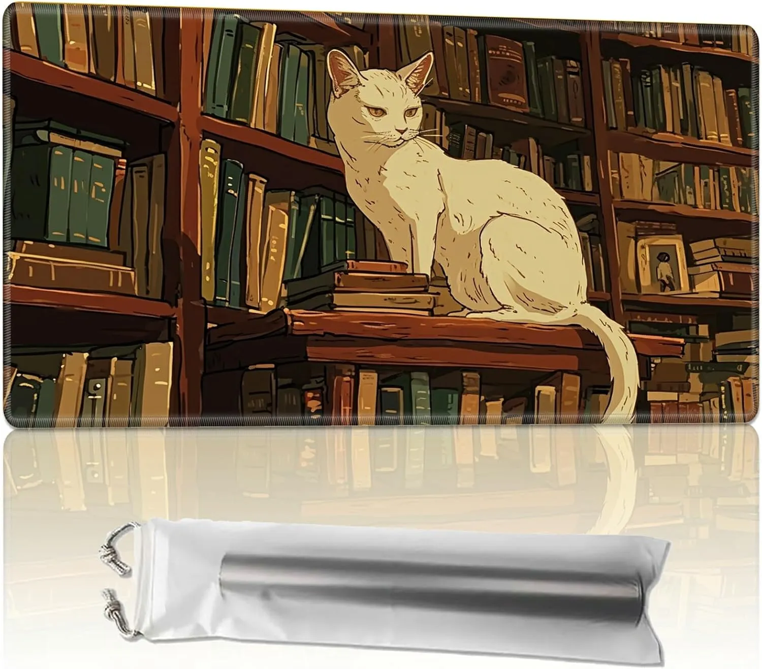 for MTG Playmats with Storage Bag, TCG Playmat MTG Game Mat with Stitched Edges, 24" x 14" Commander Board Battle Game Card Playmat, Smooth Surface Desk Mat for Card Games, Library Cat