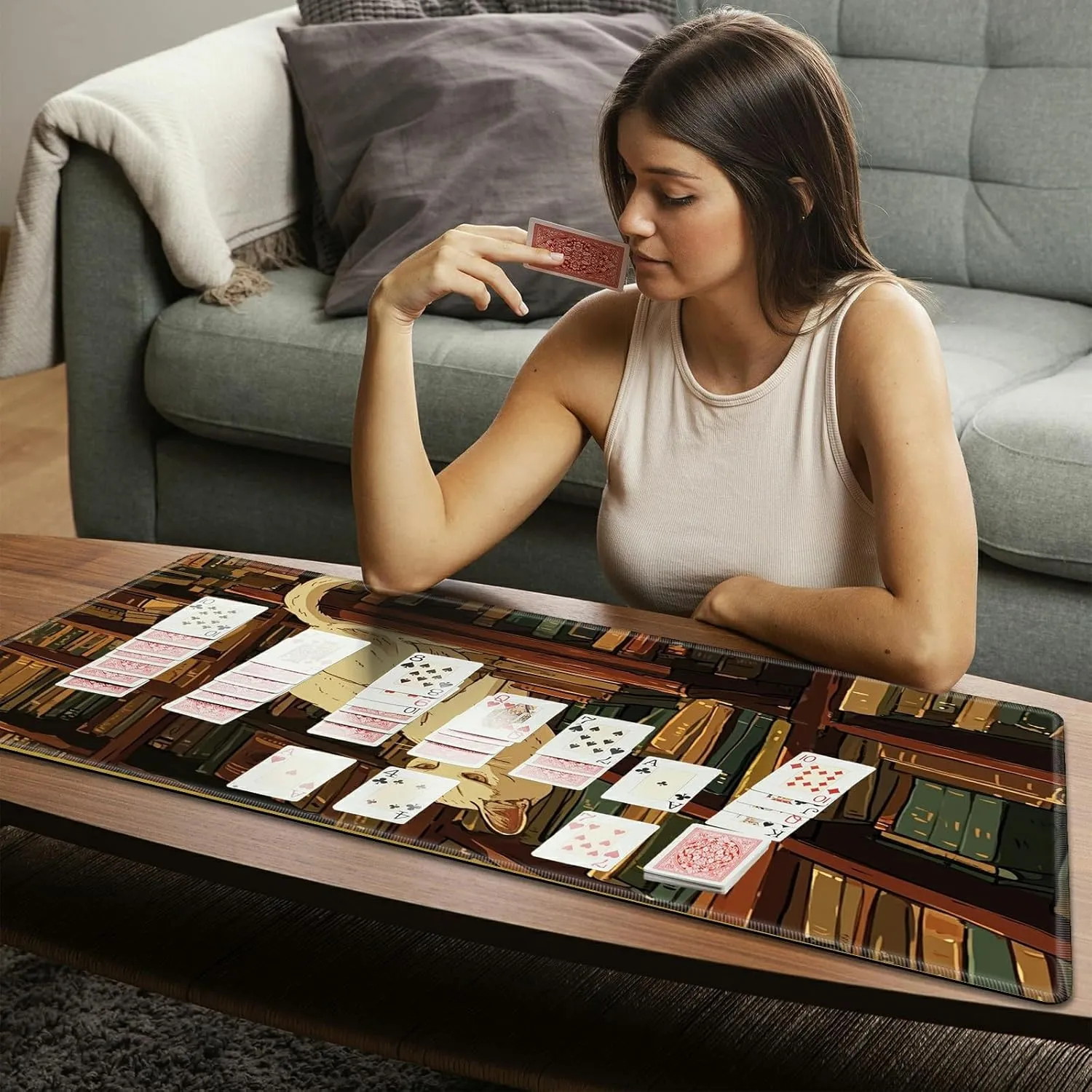 for MTG Playmats with Storage Bag, TCG Playmat MTG Game Mat with Stitched Edges, 24" x 14" Commander Board Battle Game Card Playmat, Smooth Surface Desk Mat for Card Games, Library Cat