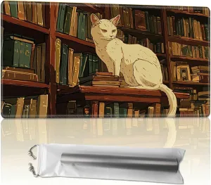 for MTG Playmats with Storage Bag, TCG Playmat MTG Game Mat with Stitched Edges, 24" x 14" Commander Board Battle Game Card Playmat, Smooth Surface Desk Mat for Card Games, Library Cat
