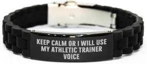 Funny Athletic Trainer Gifts - Keep Calm Or I Will Use My Voice Glide lock Clasp Black Stainless Steel and Silicone Adjustable Bracelet for Men's Father's Day Unique Gifts from Family