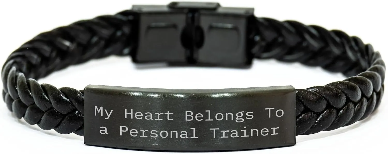 Funny Personal Trainer Gifts for Her from Mom, My Heart Belongs To A Personal Trainer Interlaced Leather Bracelet, Mother's Day Unique