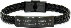 Funny Personal Trainer Gifts for Her from Mom, My Heart Belongs To A Personal Trainer Interlaced Leather Bracelet, Mother's Day Unique