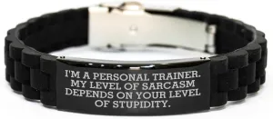 Funny Quote Personal Trainer Glide lock Clasp Birthday Unique Gift Men Women Friends Coworkers Family, Adjustable Black Stainless Steel Silicone, Perfect for Birthday Unique Gifts