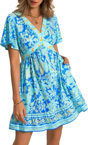GUBERRY Women's Summer Boho Dress with Pockets V Neck Ruffle Flowy Casual Floral Babydoll Mini Short Sun Beach Dress