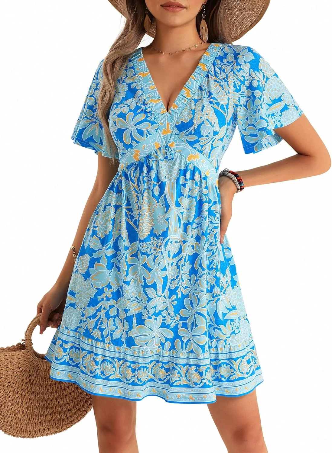 GUBERRY Women's Summer Boho Dress with Pockets V Neck Ruffle Flowy Casual Floral Babydoll Mini Short Sun Beach Dress