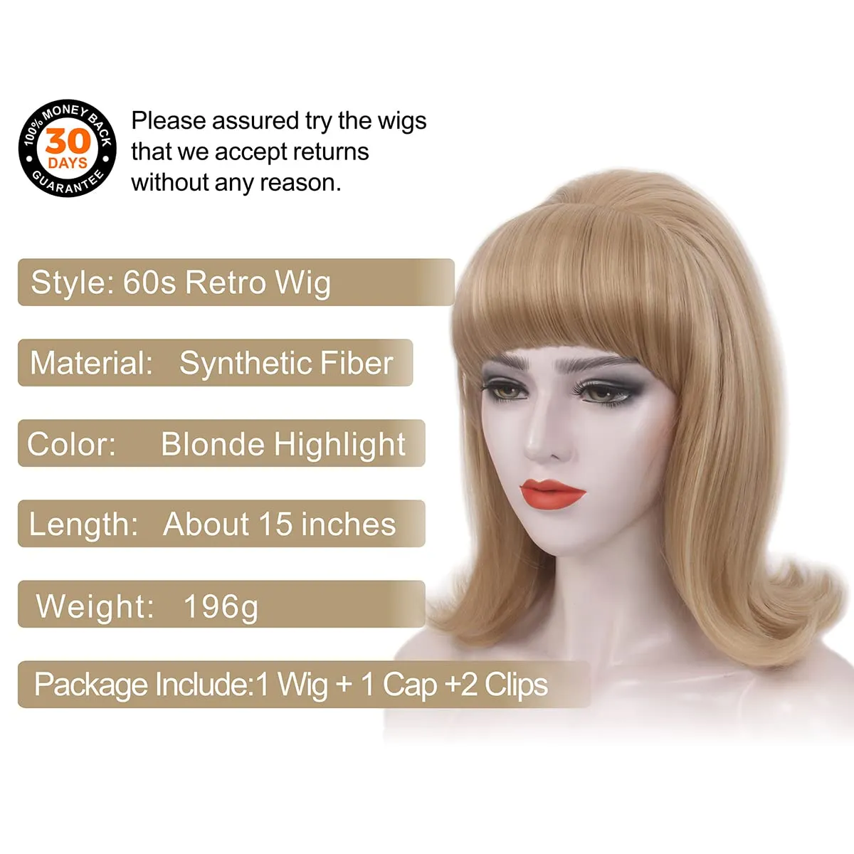 H&Bwig Blonde Beehive Wig With Bangs 50's Flip Wig For Women 60s 70s Party Costume Cosplay Halloween(Blonde Highlight)