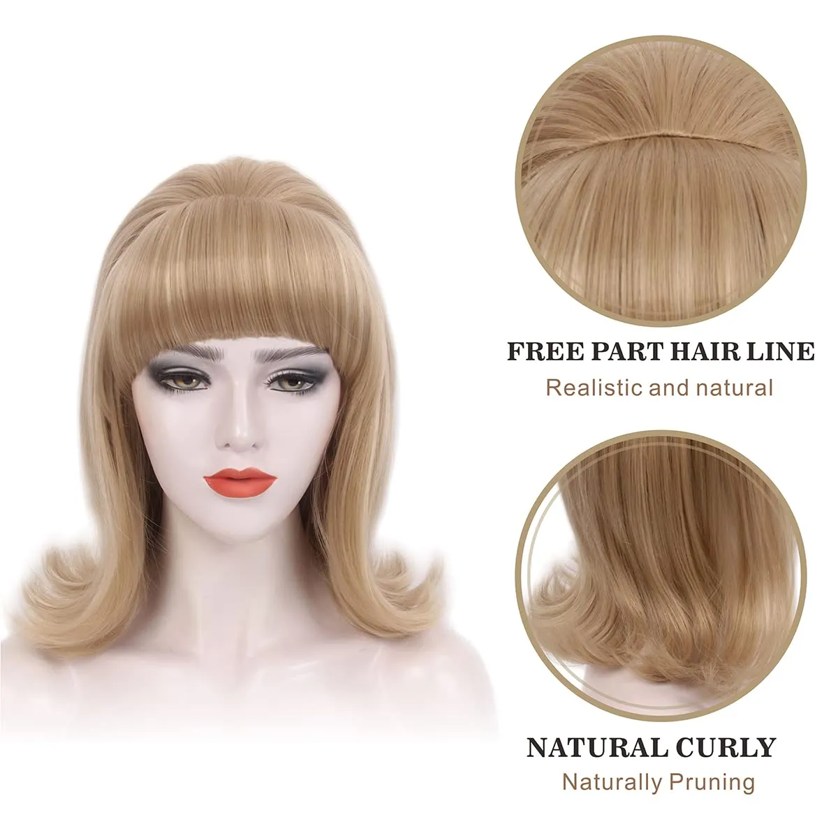 H&Bwig Blonde Beehive Wig With Bangs 50's Flip Wig For Women 60s 70s Party Costume Cosplay Halloween(Blonde Highlight)