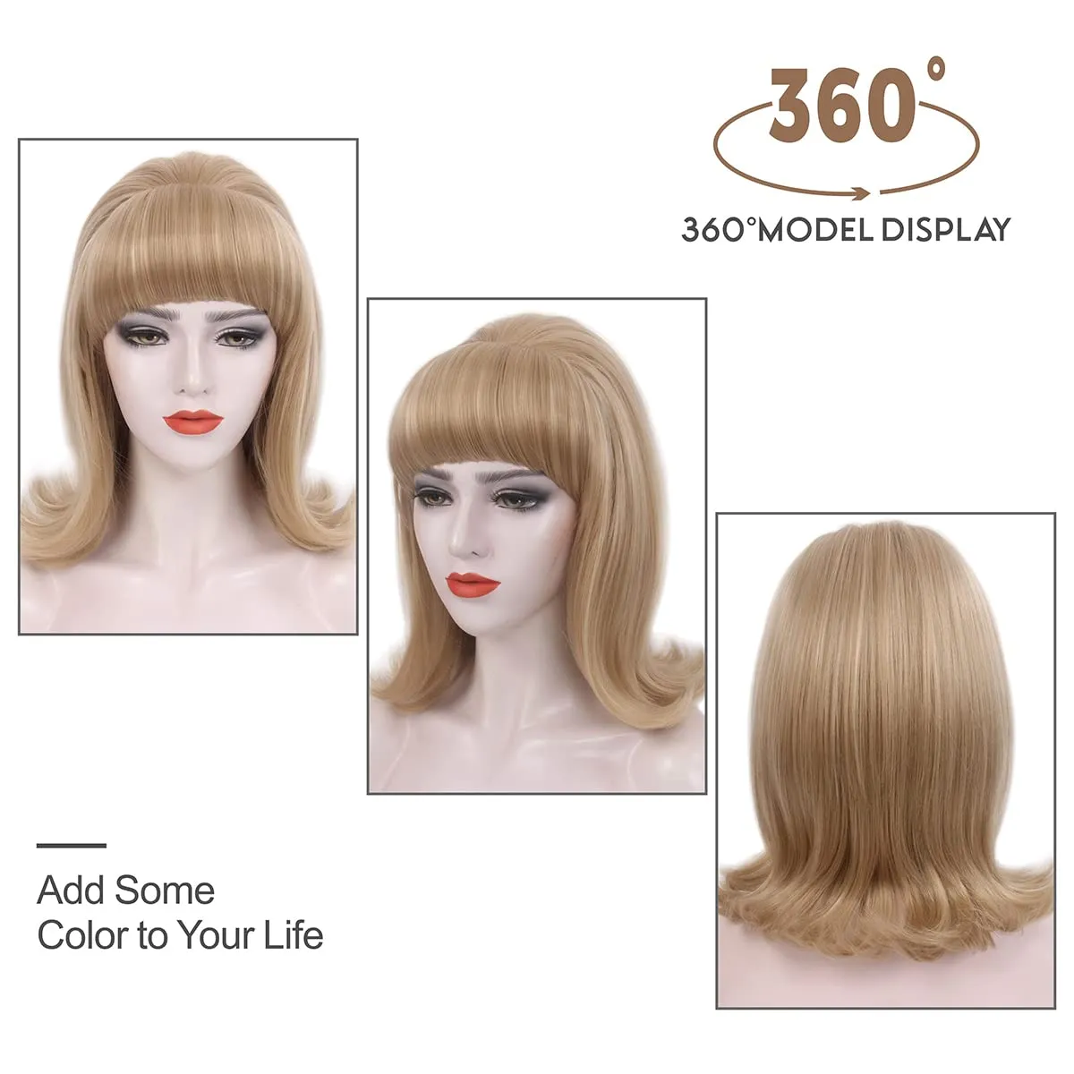 H&Bwig Blonde Beehive Wig With Bangs 50's Flip Wig For Women 60s 70s Party Costume Cosplay Halloween(Blonde Highlight)