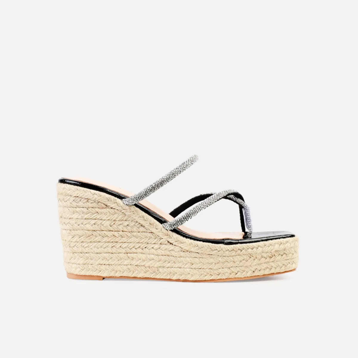 Hape Black Diamante Mule Espadrille Wedges