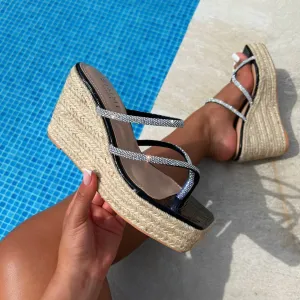 Hape Black Diamante Mule Espadrille Wedges