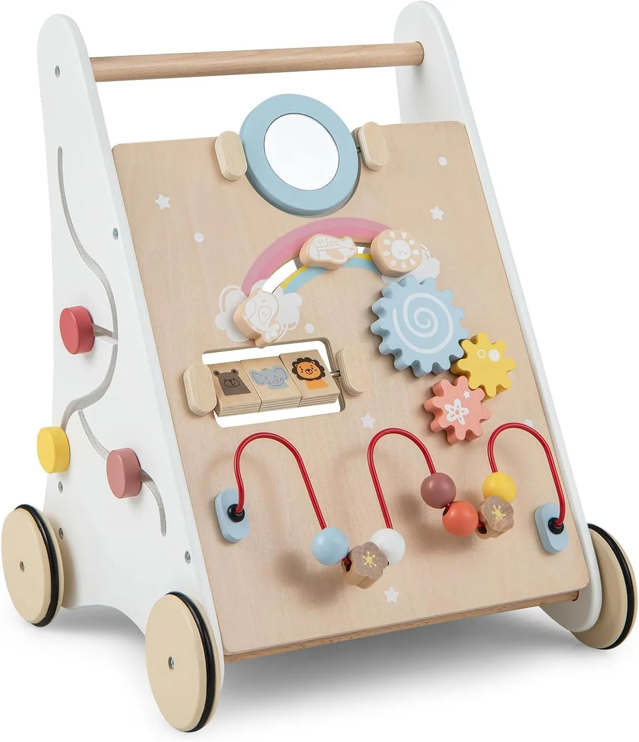 HONEY JOY Baby Push Walker, Wooden Infant Walker Activity Center with Shape Sorter, Develop Motor Skills & Creativity, Push Toys for Babies Learning to Walk, Gift for Boys and Girls (Natural)
