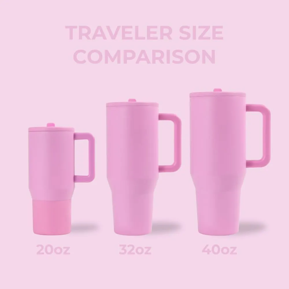 HydroJug Traveler - 32 oz Water Bottle with Handle & Flip Straw - Fits in Cup Holder, Leak Resistant Tumbler-Reusable Insulated Stainless Steel & Rubber Base - Gifts for Women & Men, Bubblegum