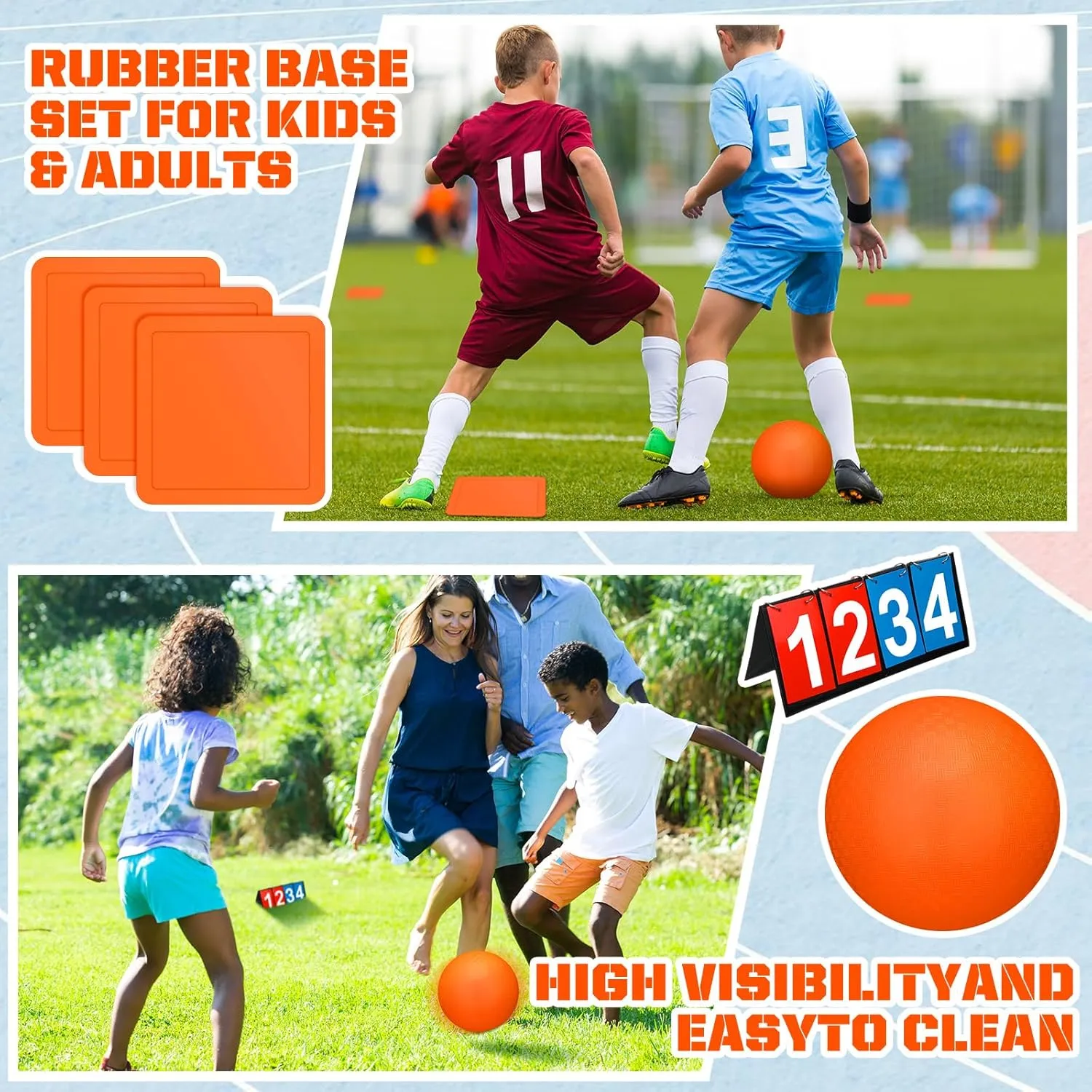 Jenaai 9 Pcs Sports Kickball Set Include 2 Pieces Kickball 5 Pieces Bases Flip Scoreboard and Pump for Boys and Girls Basketball Football Baseball Tennis Games