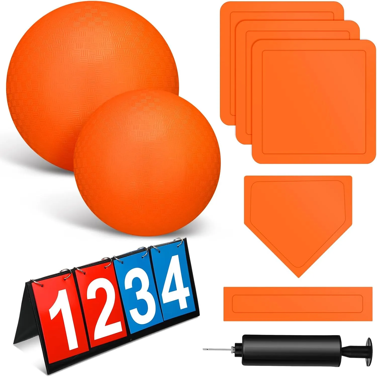 Jenaai 9 Pcs Sports Kickball Set Include 2 Pieces Kickball 5 Pieces Bases Flip Scoreboard and Pump for Boys and Girls Basketball Football Baseball Tennis Games