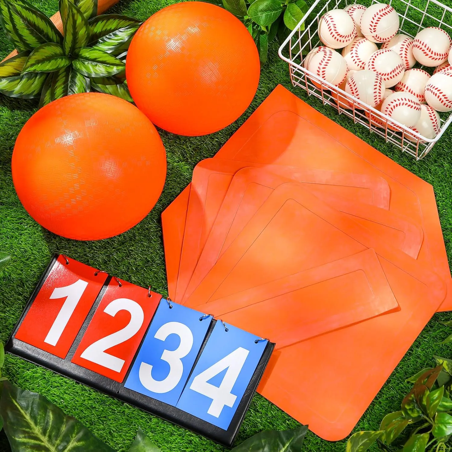 Jenaai 9 Pcs Sports Kickball Set Include 2 Pieces Kickball 5 Pieces Bases Flip Scoreboard and Pump for Boys and Girls Basketball Football Baseball Tennis Games