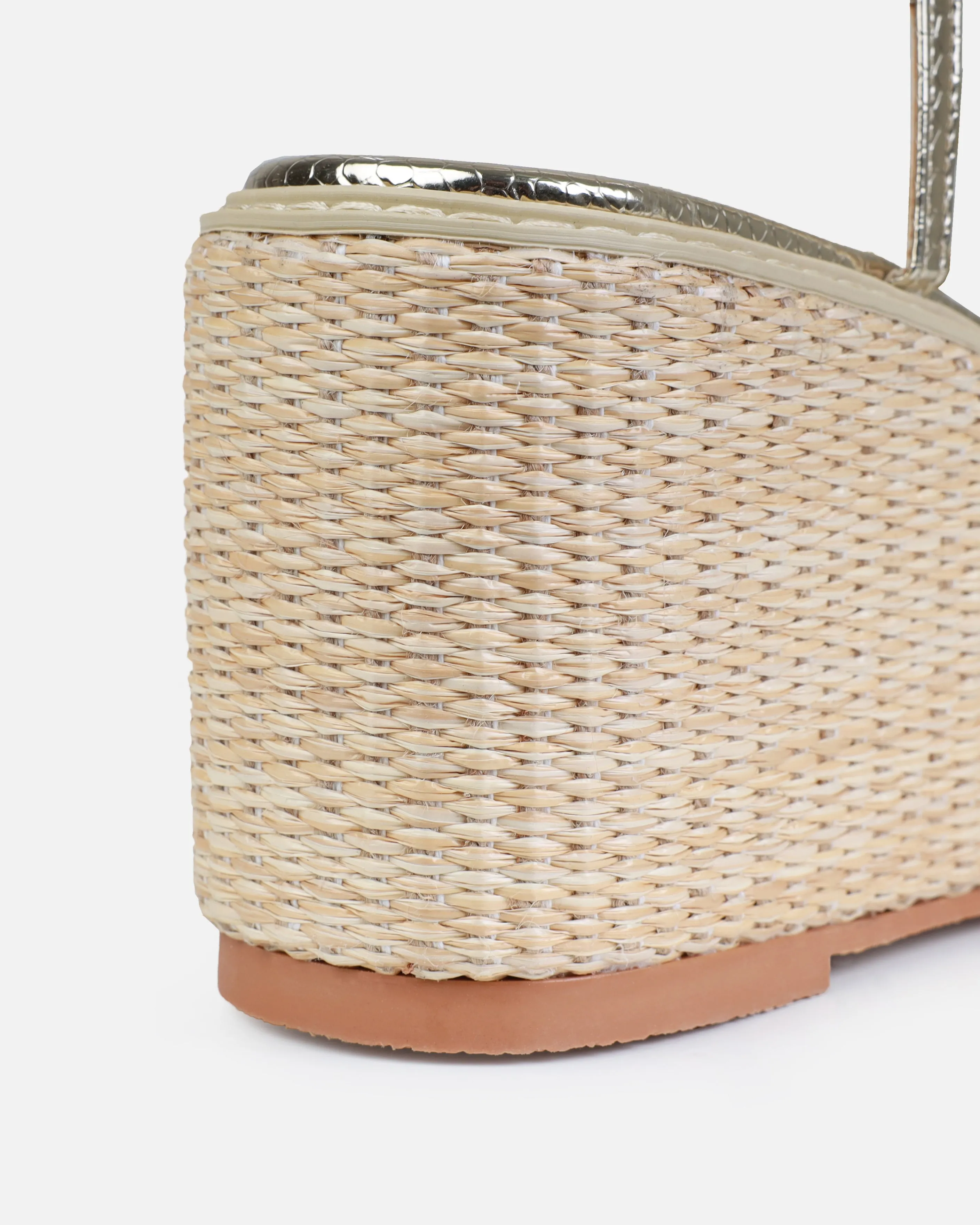 Kerensa Gold Faux Snake Print Strappy Espadrille Wedges